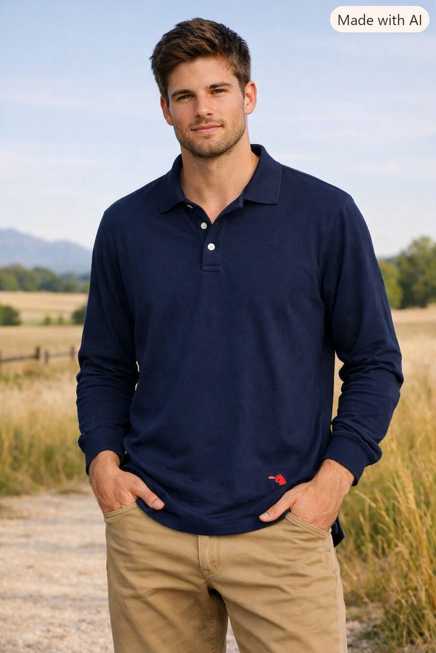 Orvis Navy Blue Polo Shirt Long Sleeve Sz Medium Pique Cotton